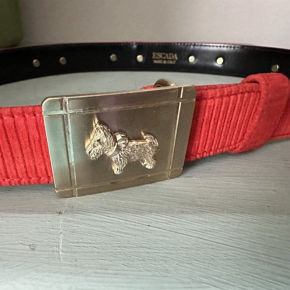 Escada Scottie Dog Belt Red Ribcord Suede Buckle Italy Vintage - Picture 2 of 11